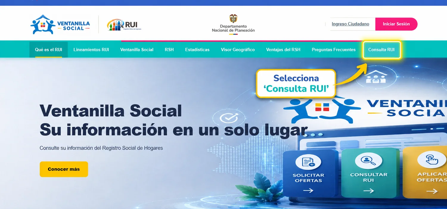Paso 1 para consultar RUI: seleccionar la opción Consulta RUI en la Ventanilla Social del DNP